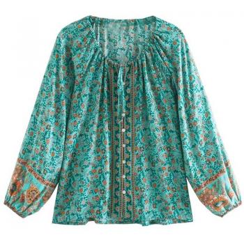 Chic Turquoise Long Sleeve Blouse with V-Neck for Women