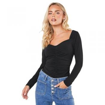 Petite Women's Black Ruched Front Top