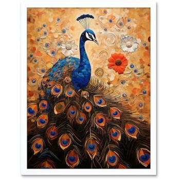 Auric Peacock Elegance – Klimt‑Inspired 12” by 16” Wall Decor, Gold & Orange Palette