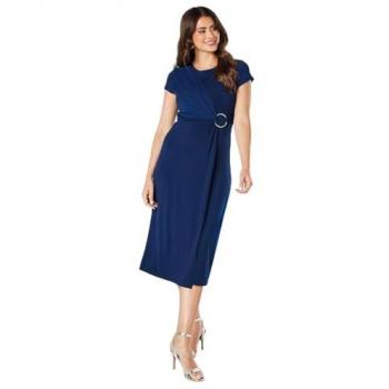 Navy Women's Jersey Wrap Midi Dress with Buckle