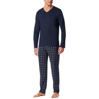 Schiesser Herrenpyjama »Fine Interlock« 2-tlg., Oberteil Uni, karierte Hose, V-Neck, Langarm, Baumwolle