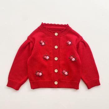 Infant Girls Wool Ball Knit Cardigan with Flower Embroidery 0-3 Years