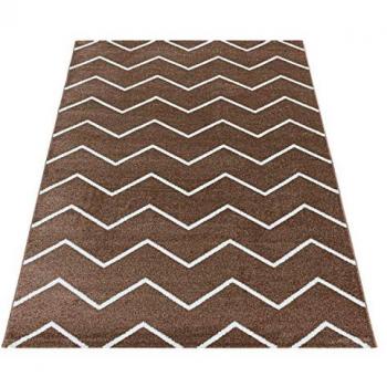 Stilvoller Kurzflor-Zick-Zack Designer Teppich für das Wohnzimmer, 80 x 250 cm, Pflegeleicht, Braun