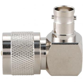 Adaptador de RF UHF PL259 a BNC (Macho‑Hembra) – Ángulo Recto en Plata