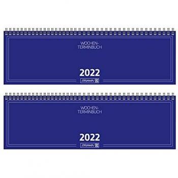 Brunnen Tischkalender 2022, Modell 774, Querformat, 2 Seiten pro Woche, 326 x 102 mm, blauer Karton-Umschlag, Wire-O-Bindung