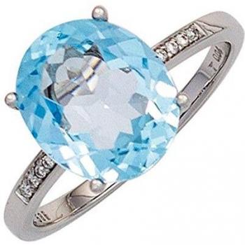 JOBO Diamant Ring Damen – 585 Gold Weißgold mit BlauTopas, 8 Diamanten – Größe 56