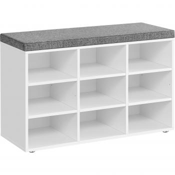 9-Compartment Shoe Rack Bench with Padded Top, White