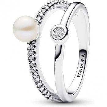 Anillo de Plata de Ley con Perla Cultivada de Agua Dulce y Doble Banda en Pavé
