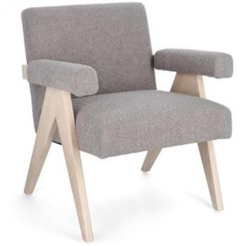 Silla Lujosa Gris Tórtola en Bouclé con Patas de Madera y Caucho