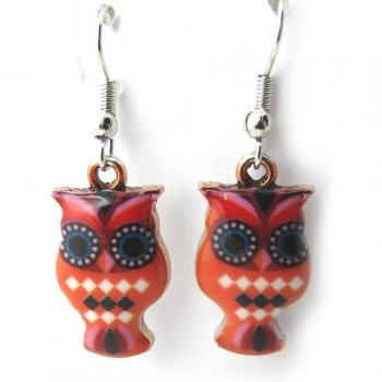 Owl Design Earrings in Vibrant Red and Orange
