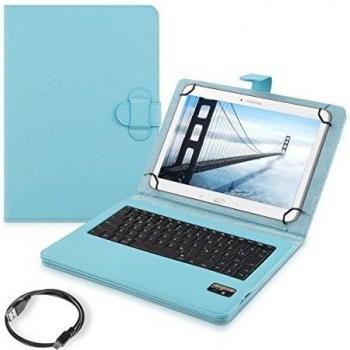 Cover de piel sintética con teclado QWERTY para Samsung Tab 4 10.1 (T530/T531/T535) – Azul claro, con soporte