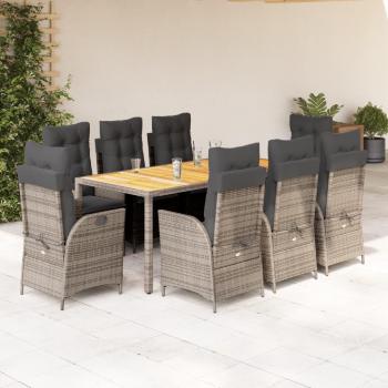 9-Piece Grey Poly Rattan Outdoor Dining Set with Cushions