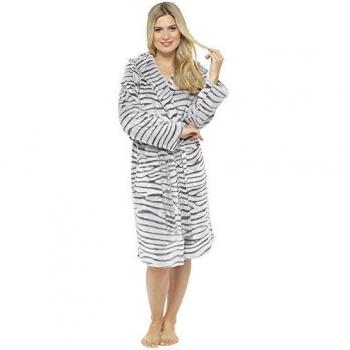 Foxbury Ladies Supersoft Warm White Tiger Fleece Hooded Dressing Gown