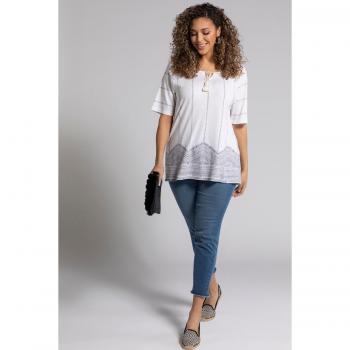 T-shirt bianca con scollo girocollo e bordura per donna, taglia 60/62