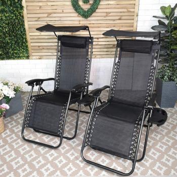 Folding Outdoor Sun Lounger Set of 2 with Black Canopy and Multi Position Seat Option