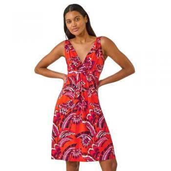 Roman Women's V‑Neck Abstract Print Stretch Dress (Orange, Size 20)