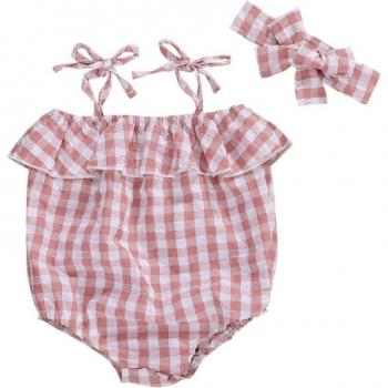 Focusnorm Summer Baby Girl Plaid Jumpsuit with Headband (0-24M)