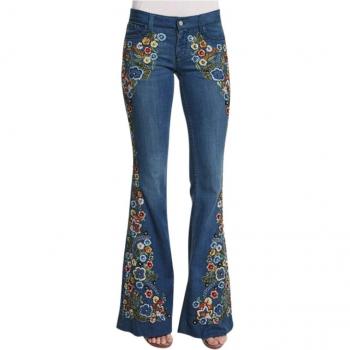 Damen Stickerei Blumen Destroyed Glocken-Jeans mit Taillenbund Denim Hosen Herbst Winter