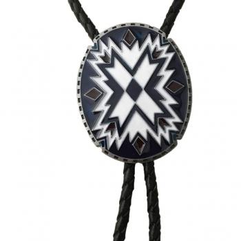 Leather-Edge White Geometric Flower Bolo Tie