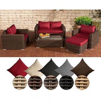 Polyrattan-Möbelsystem „MADEIRA“ – 2er-Sofa, Sessel, Tisch & Hocker (Rubinrot/ Rattan Braun)