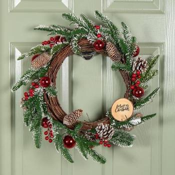 Samuel Alexander Festive Pinecone 50cm Wreath with Scarlet Berries and Decorative Baubles