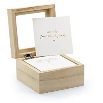 Notizbuch für Hochzeiten Holzbox 9,5x9,5x6cm mit Karten zum Ausfüllen in Englisch