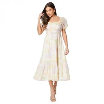 Petite Blush Organza Midi Dress with Ruched Bust