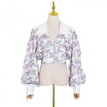 Summer Floral Patchwork Shirt with Lantern Sleeves