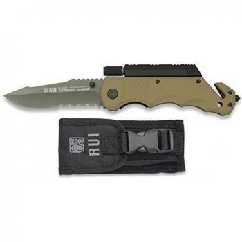 Navaja Táctica Rui Pro con Hoja de Acero Inox y Baño de Titanio de 9,5 cm, Mango de Aluminio Coyote, Funda de Nylon, Cutter, Linterna y Pedernal