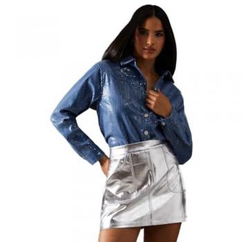 Women's Blue Denim Shirt with Sequin Detail