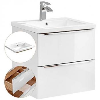 Hochglanz weißer Waschtisch-Unterschrank 60cm TOSKANA-56 mit Keramik-Waschbecken