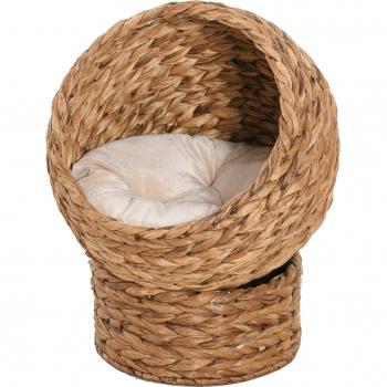 Wicker Cat House, Raised Cat Bed with Cushion