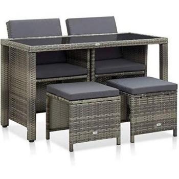 Set Tavolo e Sedie da Giardino 5 pz con Cuscini in Polyrattan Grigio