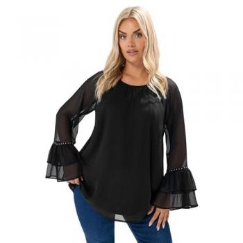 Curve‑Fit Black Ruffle Sleeve Stud Top – Women's 16