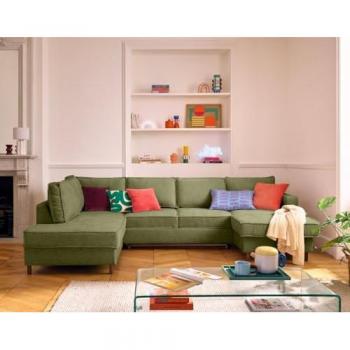Lisa Design Canapé Panoramique 7 Places Angle Gauche Tissu Velours Relief Vert