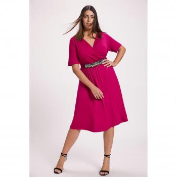 Abito midi incrociato scollo a V mezza manica vita decorata perline taglia comoda 36/38 rosa Viscosa