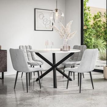Nova Velvet Dining Ensemble: Malvern Marble Oak Round Table with 4 Grey Chairs