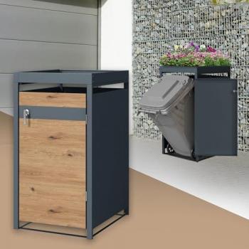 Abri pour poubelles avec toit végétal pour 1 tonne jusqu'à 240L 68x80x124 cm aspect chêne acier ML-Design