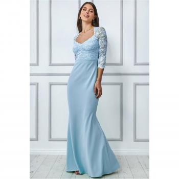 Azure Whisper Lace Bodice Maxi Dress with Sleeves