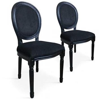 Set de 2 Chaises Médaillon Versailles, Bois Noir, Tissu Velours Noir