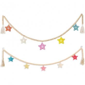 Farmhouse Pine Wood Bead Garland with Rattan Stars and Cotton Tassels (Set of 2)