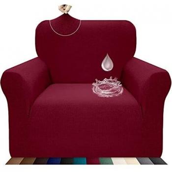 Luxurlife 1 Piece Water Resistant Chair Cover for Living Room High Stretch Sofa Cover Slipcover Non Slip Furniture Protector for Kids Pets with Elastic Bottom (1 Seater, Wine Red)