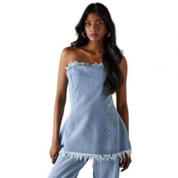 Light Wash Denim Fray Detail Bandeau Top for Women