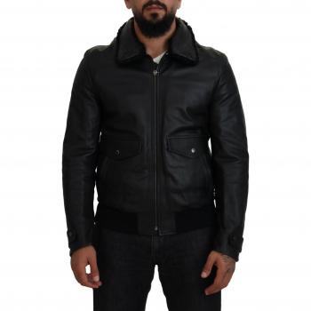 Black Lamb Leather Collared Men Coat Jacket