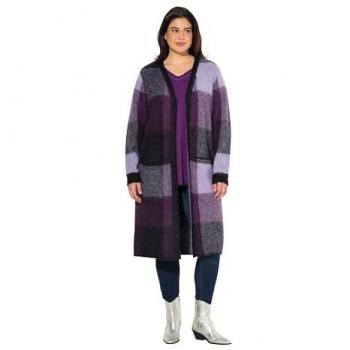 Ulla Popken Long-Strickjacke für Damen in Lila, Größe 50/52, mit Taschen