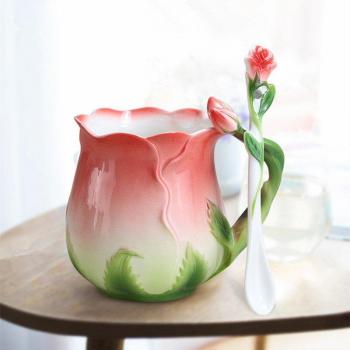 Enamel Ceramic Teacup 3D Rose Flower Design