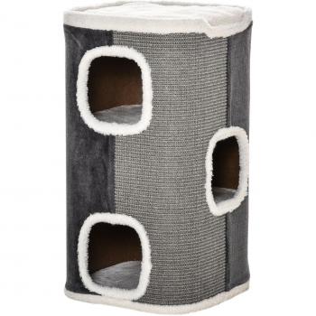 Arranhador de Gato com 3 Cavernas e Base de Pelúcia 40x40x74cm Cinza