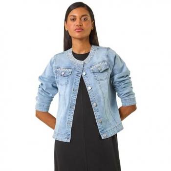 Size 10 Light Blue Pearl Detail Collarless Women's Jacket
