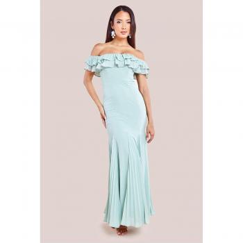 Off‑The‑Shoulder Frilled Chiffon Maxi Dress in Sage Green