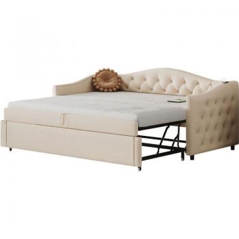 Modfu Letto Singolo 90x190 con Sedia a Rotolamento, Divano Convertibile, USB Integrato, Lino Beige